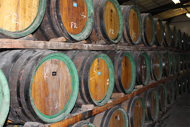 Golden slivovitz ages in oak barrels